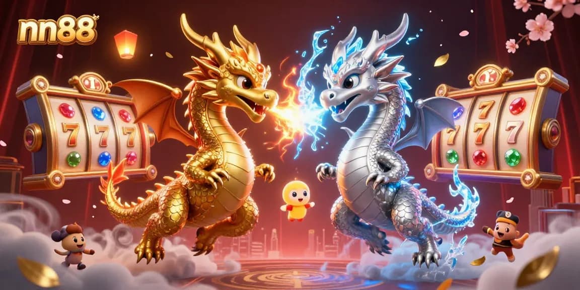 Experience thrilling casino excitement with nn88's dynamic golden and silver dragons amidst vibrant slot game elements.