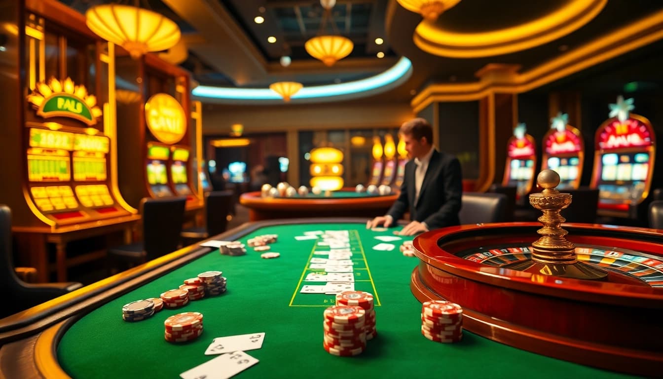 Experience the thrill of game đăng ký nhận thưởng 58k at a luxurious casino with vibrant tables and excitement.