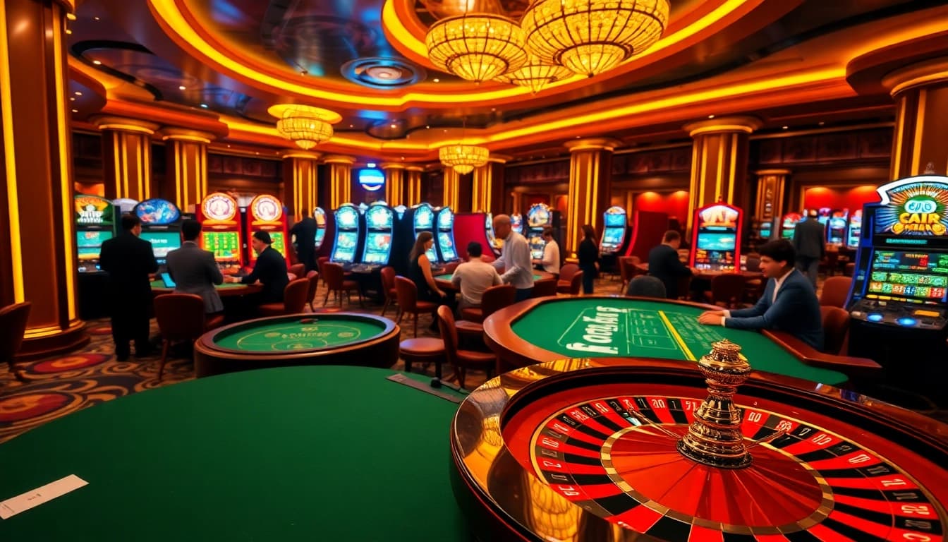 Mubet players enjoying a thrilling game at an elegant casino table featuring roulette and cards.