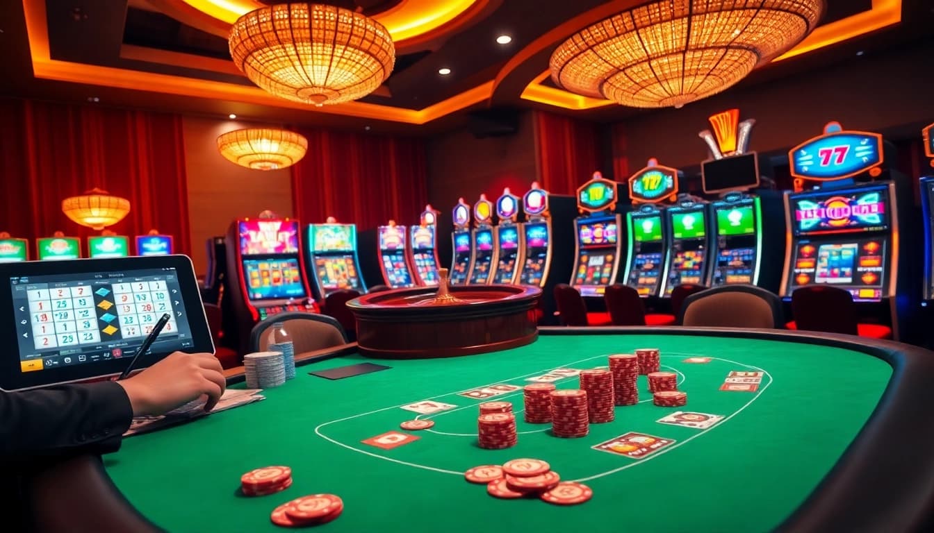Engaging scene showcasing luxury gambling at 888VND's online casino with vibrant poker and roulette tables.