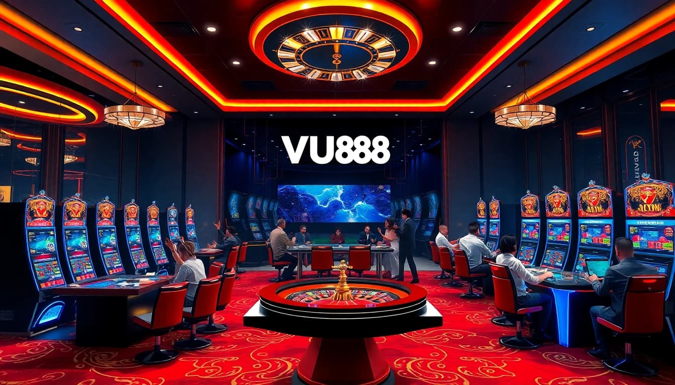 Players enjoying the thrilling ambience of VU88's online casino with vibrant games and professional atmosphere.