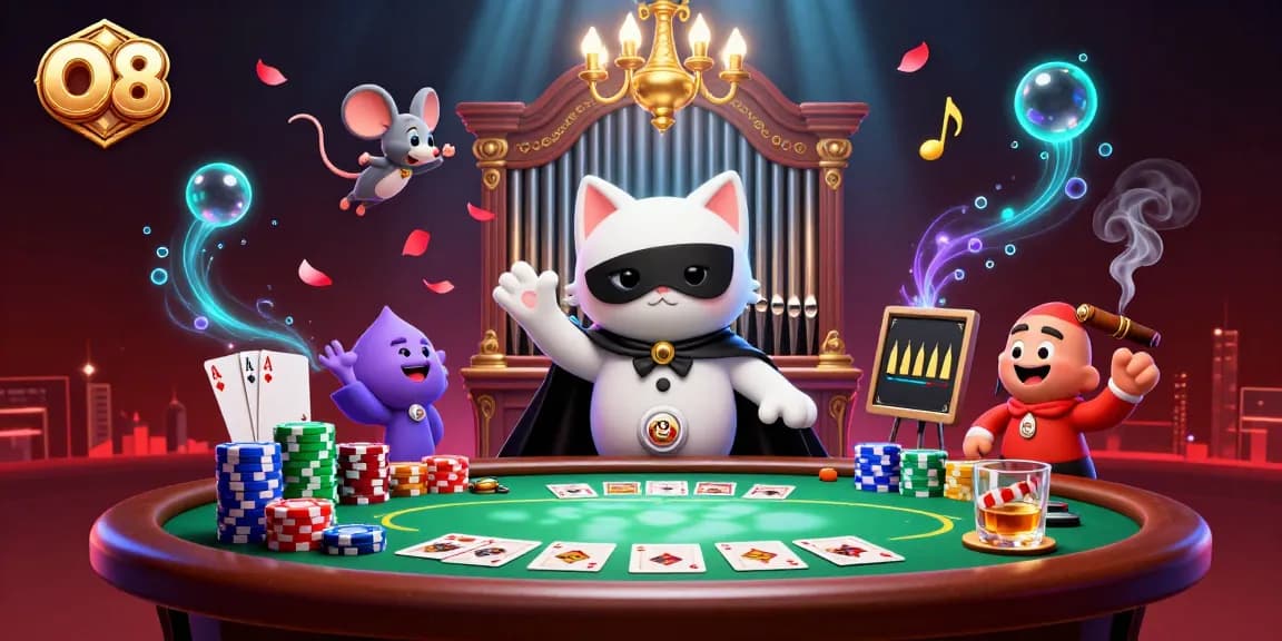 Join O8's thrilling casino experience with a phantom cat maestro and mouse acrobat while playing high-stakes poker.