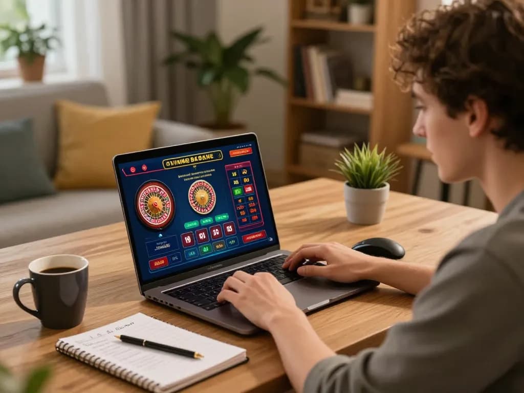 hi88 player engaging with online casino at home, showcasing roulette game and strategy notes