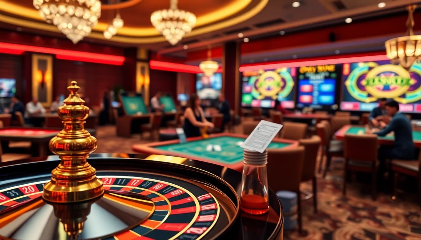 Experience thrilling online gambling at https://56win.to/, featuring roulette wheels, poker chips, and vibrant casino tables.