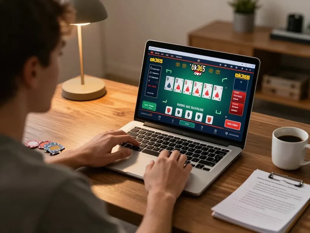 Player engaging in online blackjack at ok365, showcasing strategic gameplay and home comfort.