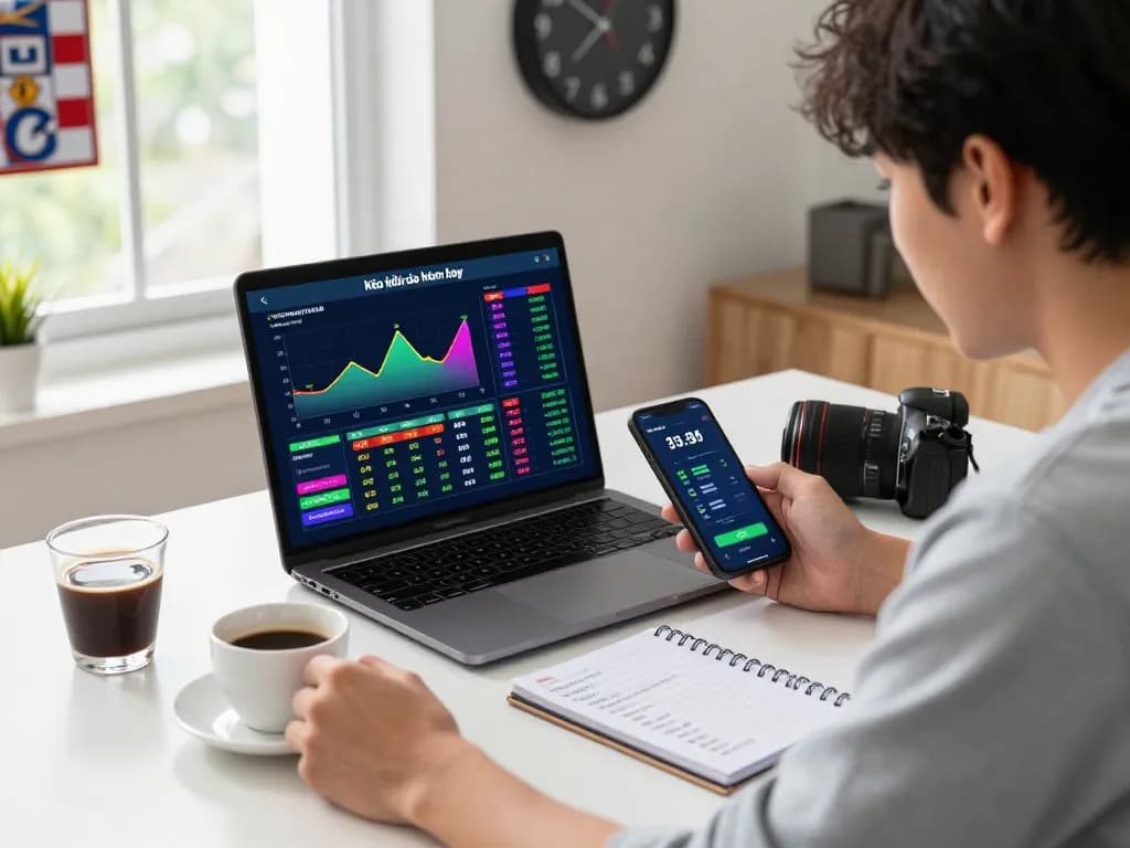 Dynamic scene of a young adult analyzing kèo nhà cái hôm nay on a laptop, with sports betting stats and strategies.