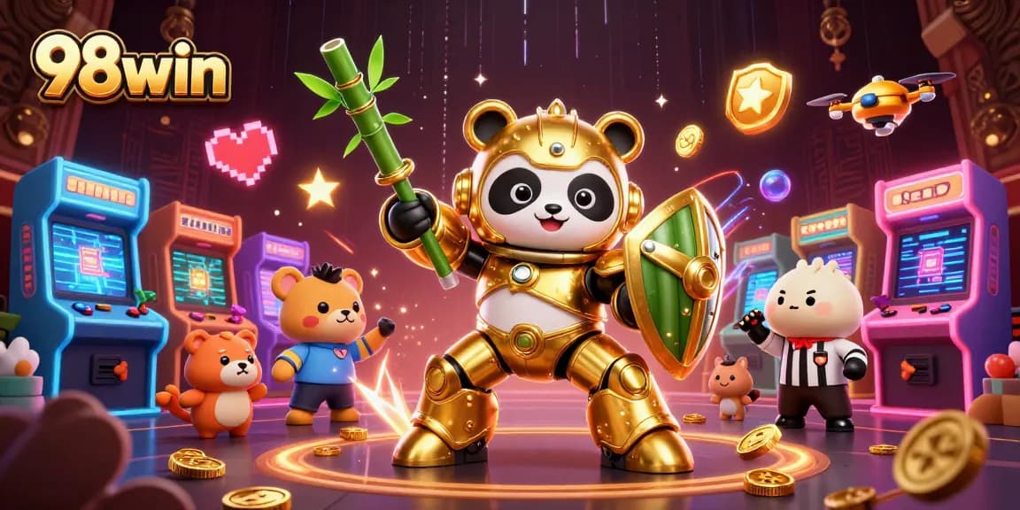 Experience exhilarating gameplay with 98win in a casino-themed digital arena featuring a golden panda and mech robot.