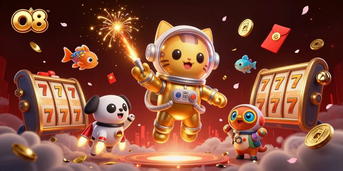 Experience thrilling O8 gaming with a golden astronaut cat, robot dog, and slot reels in action.