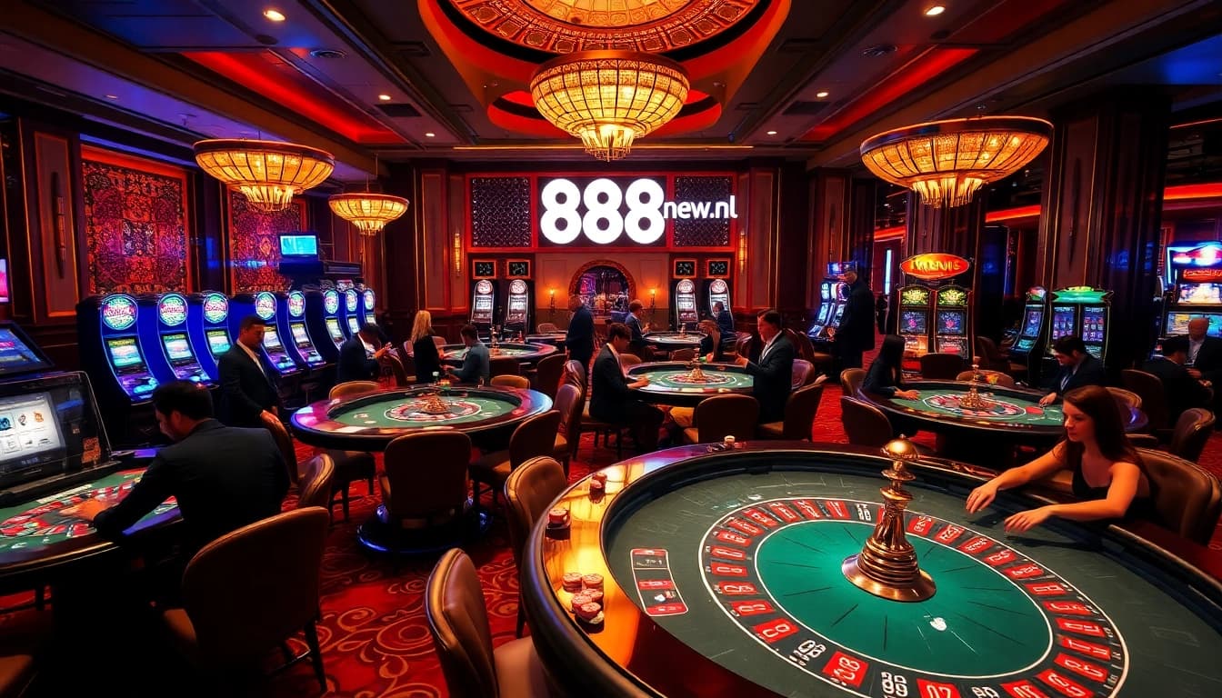 Exciting casino atmosphere showcasing games at 888new.nl with players engaged in thrilling high-stakes gambling.
