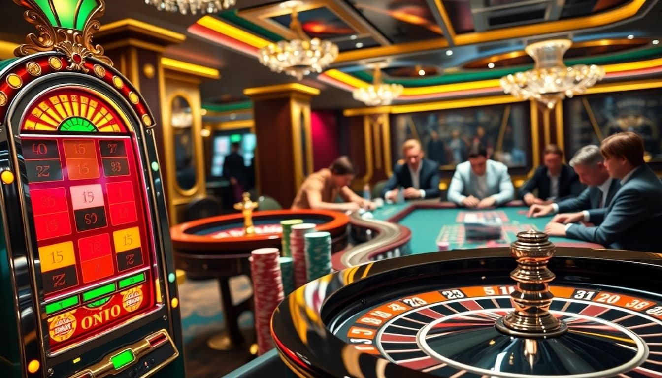 Experience an exciting night at 58win's luxurious casino with vibrant slot machines and poker tables.
