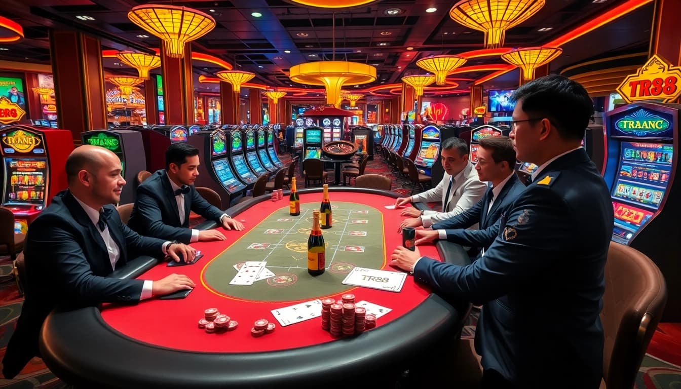 Experience the thrill of casino action with TR88 poker players at a vibrant table.