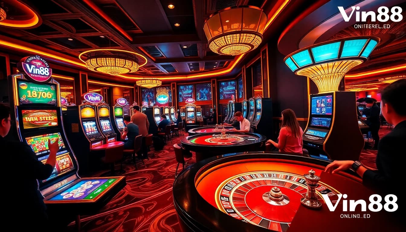 Witness the thrill of betting on https://vin88ac.com/ as players engage at high-stakes poker tables in a luxurious casino setting.