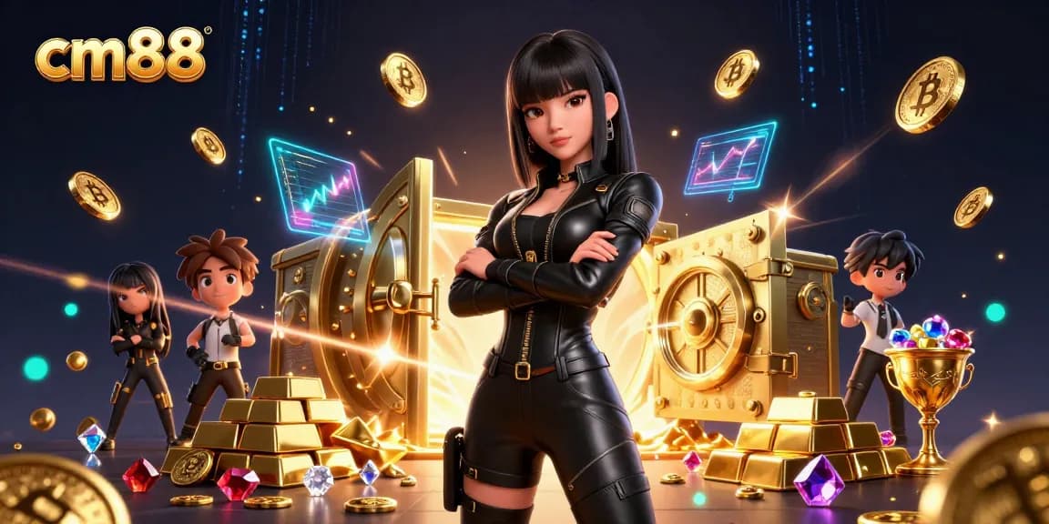 Engage in thrilling casino gameplay with cm88 showcasing interactive characters amidst treasures.