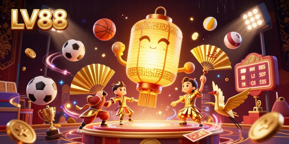 LV88 features a golden lantern spirit above a vibrant casino scene, capturing dynamic sports betting action.