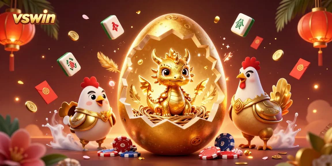 Experience thrilling gameplay with VSWIN featuring a colossal golden egg, dragon, and poker chips.