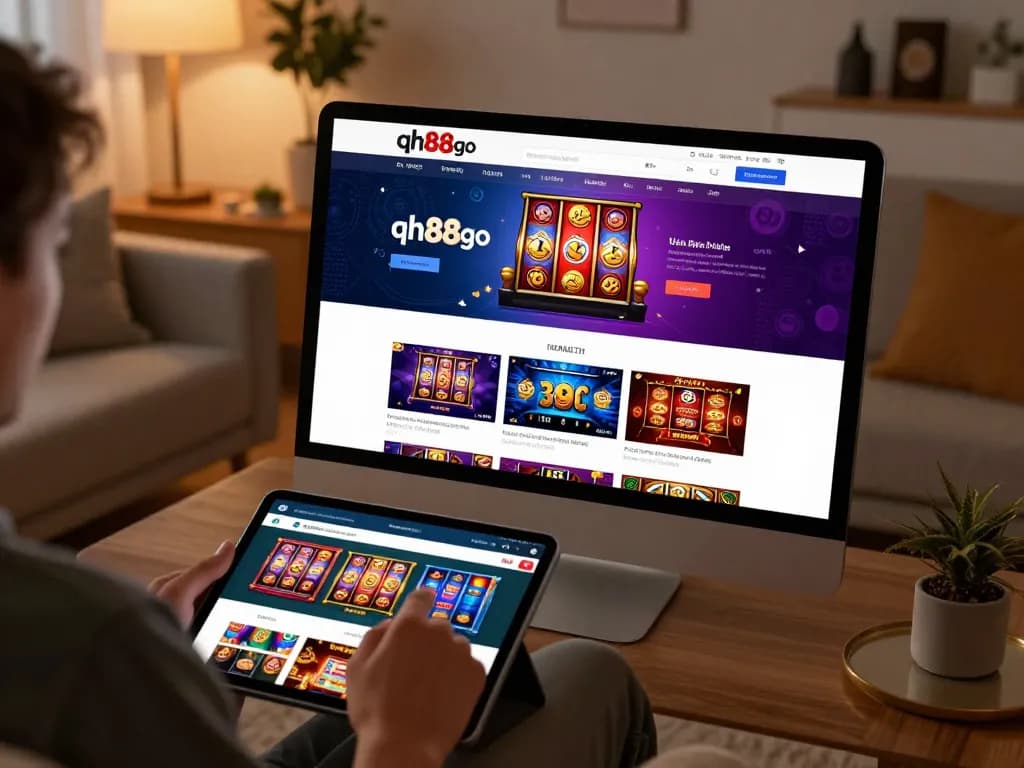 A user enjoying qh88go's online casino on a tablet in a cozy home setting.