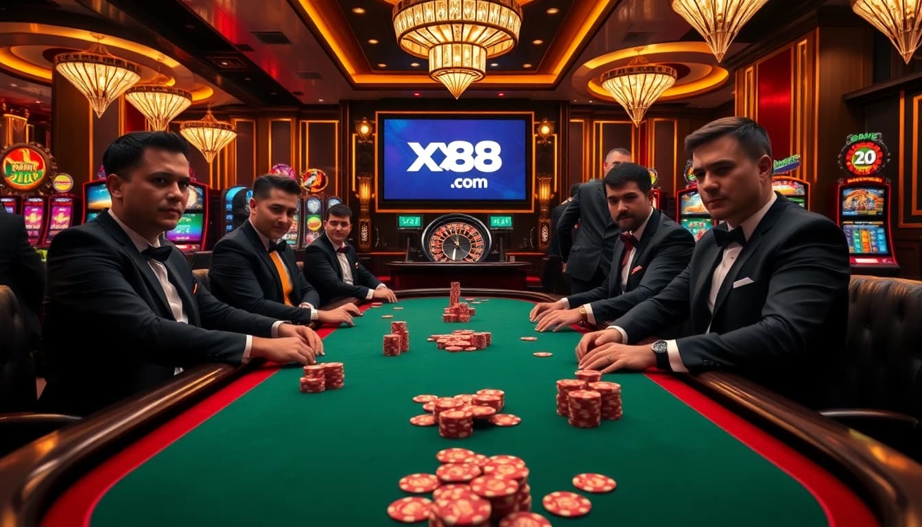 Players at a poker table experience excitement at xx88 com, featuring vibrant casino elements and professional atmosphere.