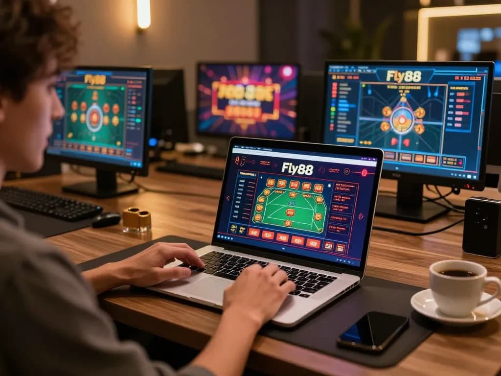 Engaging player experiences vibrant online gaming at Fly88 with laptop displaying exciting casino interface.