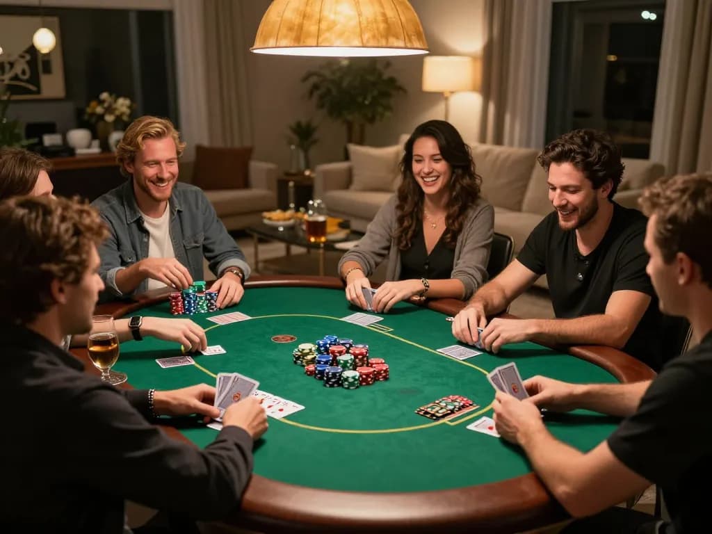 Engaging poker game at home showcasing sc88's thrilling gameplay with friends around a green felt table.