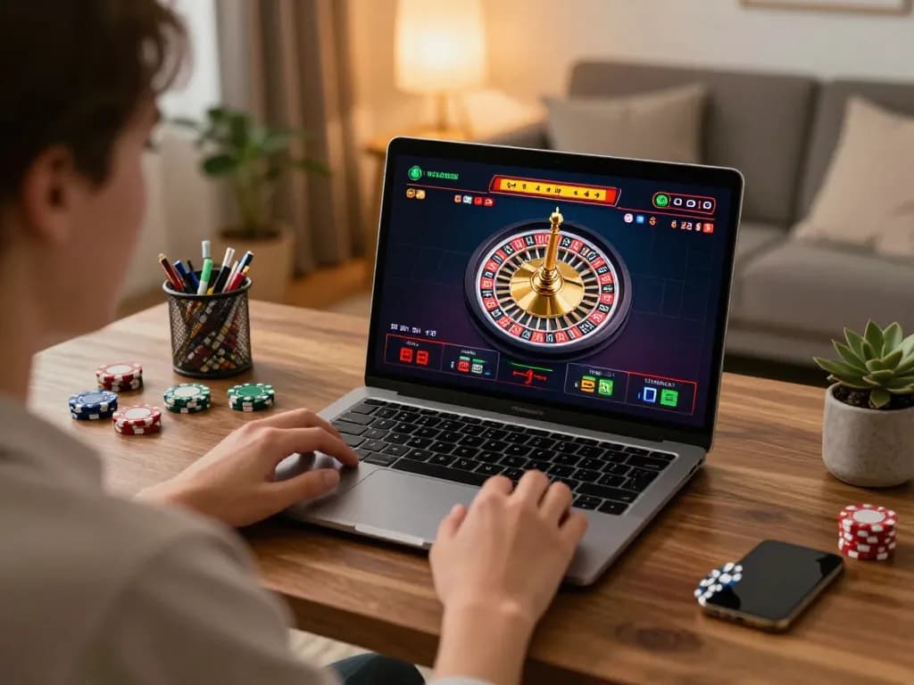 Player enjoying online gaming at Nhà cái UG88 with live dealer roulette on laptop in cozy home office.