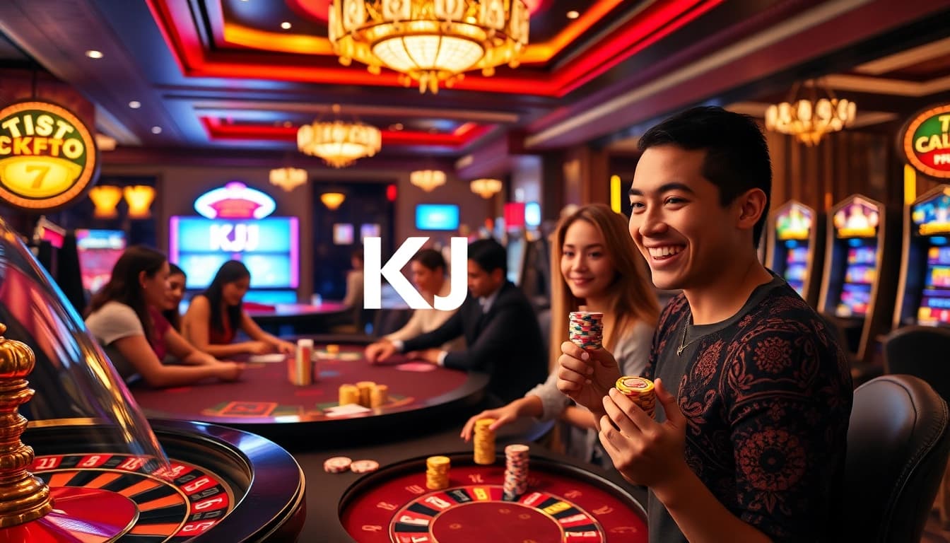 KJC casino scene featuring players at gaming tables, showcasing excitement and luxury in online gambling.