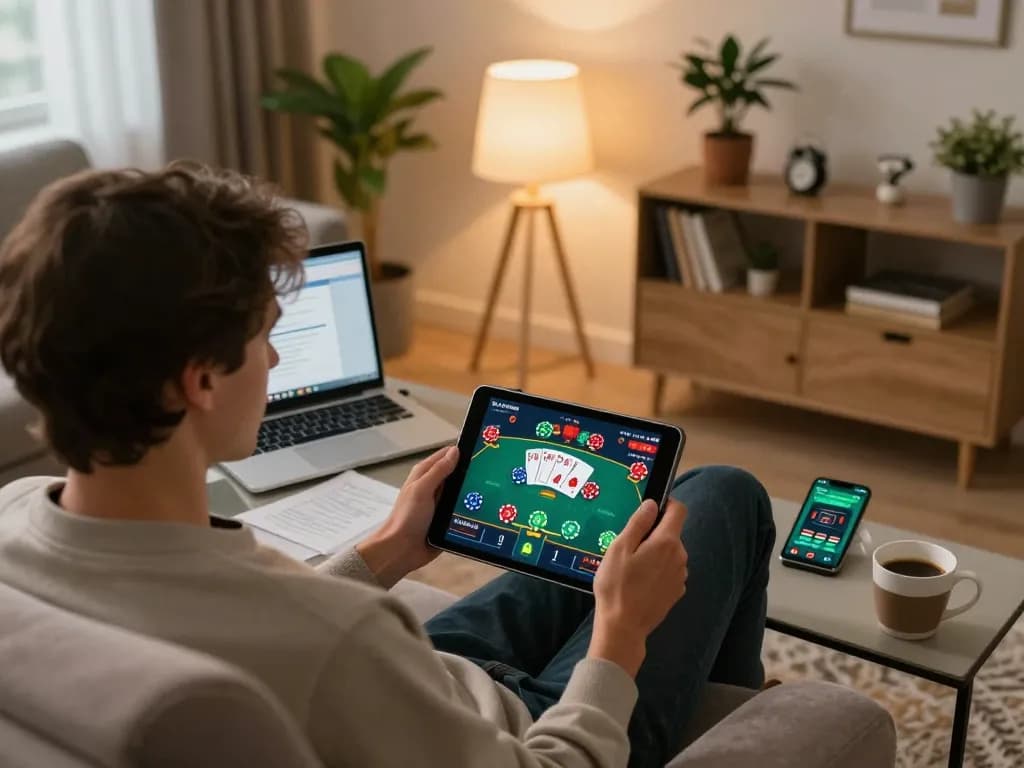 Engaging in online poker gameplay on XO88 with a cozy home setup and strategic notes.