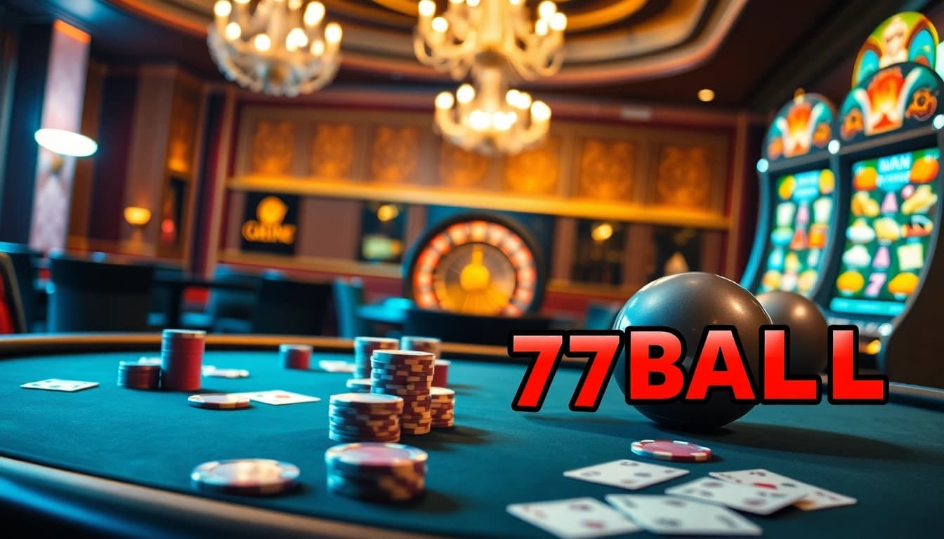 Experience the excitement of gambling at 77BALL casino featuring an elegant poker table and slot machines.