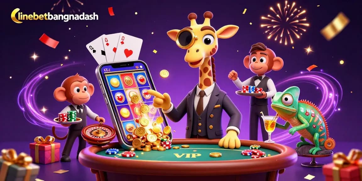 Engage with linebetbangladesh through a vibrant 3D illustration of a high-roller giraffe interacting with casino elements.