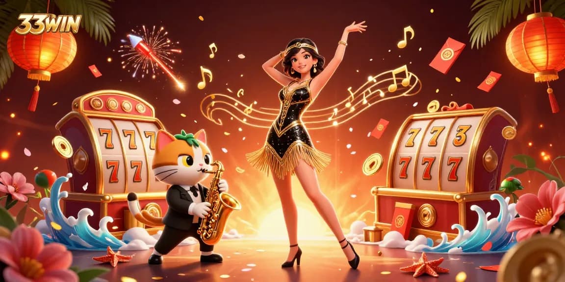 Experience the thrill of 33WIN with vibrant casino scenes featuring dynamic characters and game elements.
