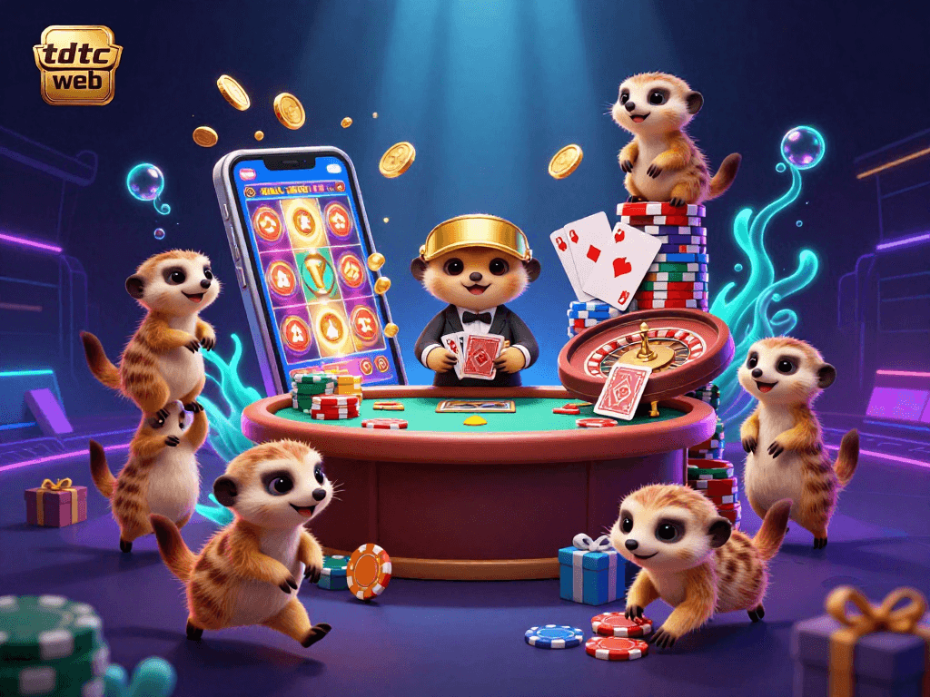 Engaging tdtc web illustration of meerkats managing a casino, showcasing vivid gaming elements.