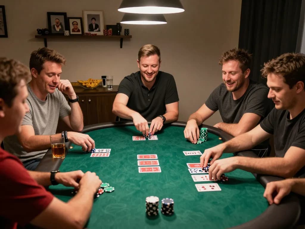 Friends enjoying a lively poker night at home while using the go8 gaming strategy