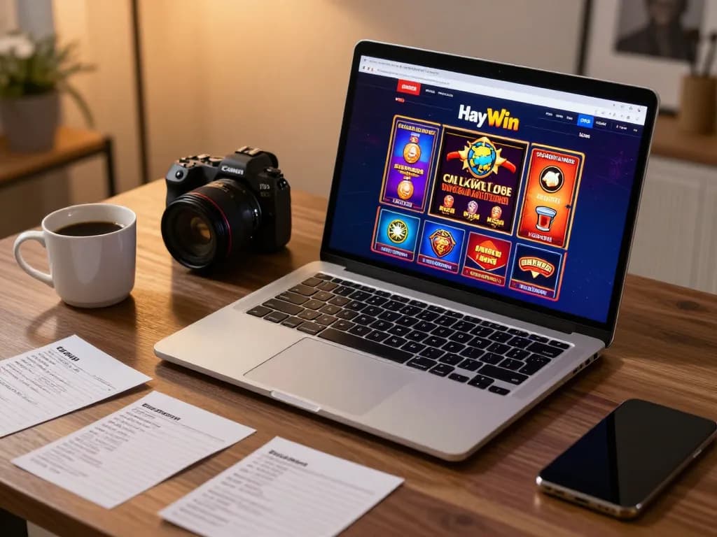 Engaging online gaming experience with Hay Win casino interface displayed on laptop, showcasing various games and strategic notes.