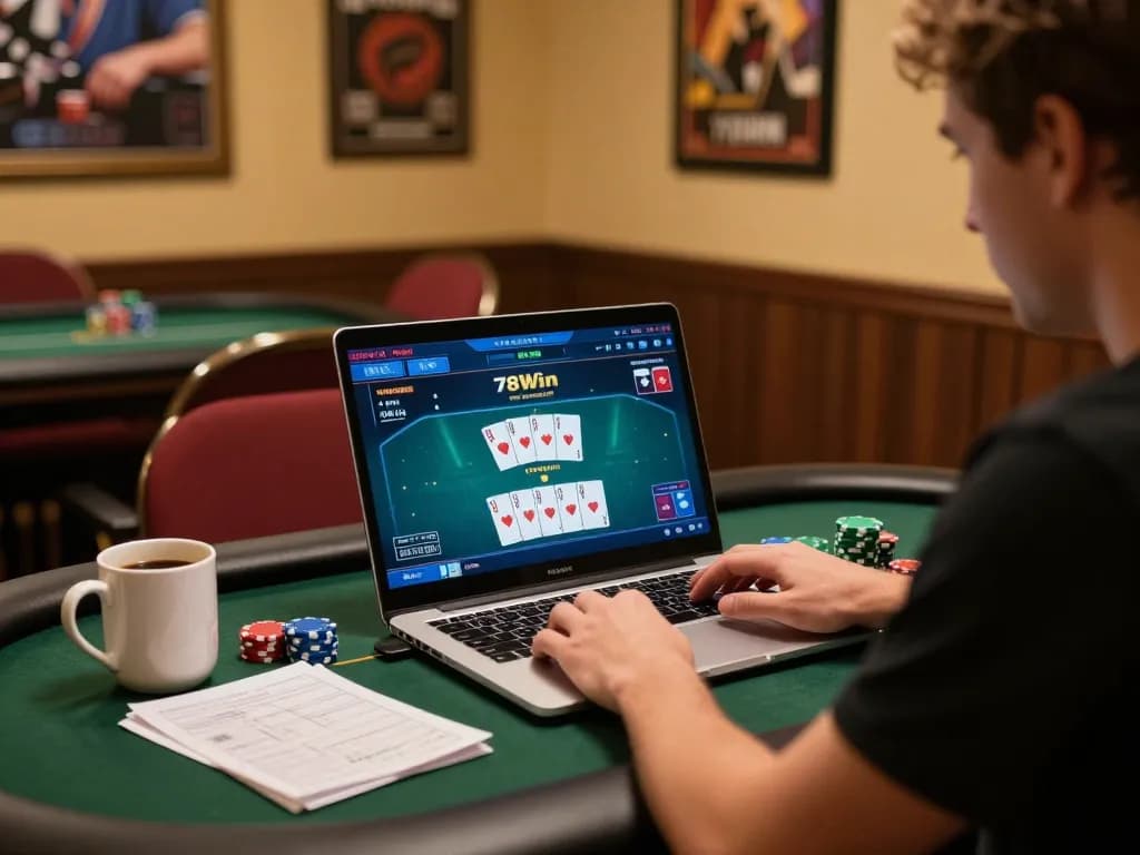 Experience intense online gameplay at 78WIN with competitive poker action in a cozy setting.