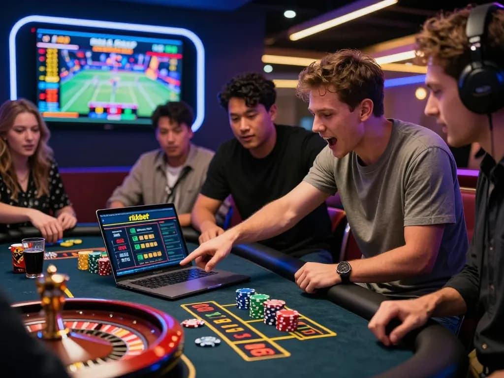 Group enjoying the thrill of online betting at rikbet with gaming tokens and strategies.