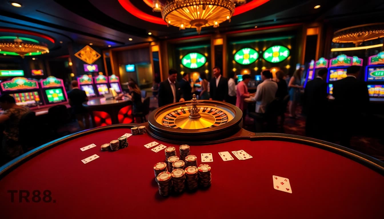 Experience the excitement of gambling at https://tr88.autos/ with a luxurious casino scene featuring poker tables and roulette wheels.