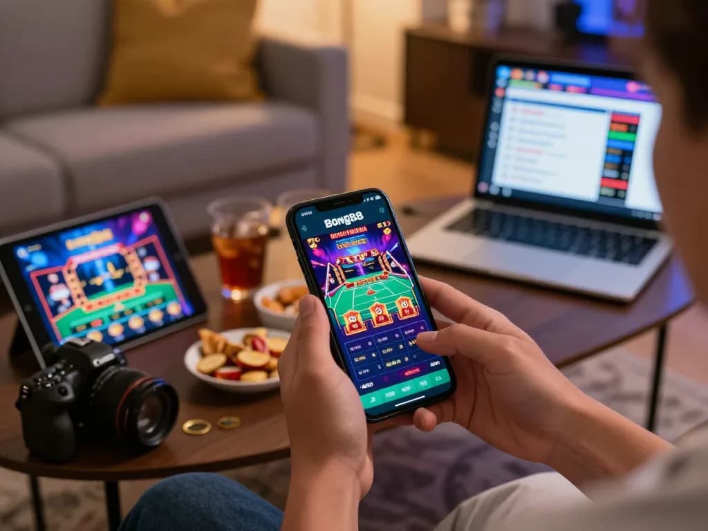 Bong88 user engaging with mobile casino app showcasing live games and betting, created in a cozy home atmosphere.