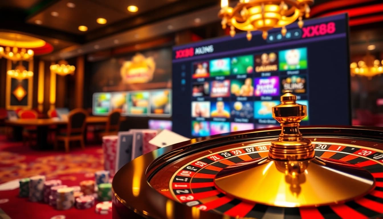 Exciting gaming scene promoting xx88 com with casino chips and a roulette wheel.