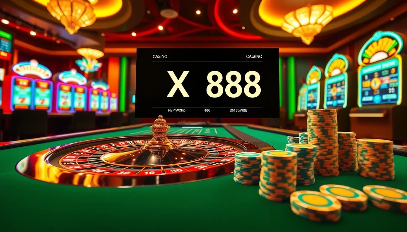 Experience the thrill of XX88 gaming with a vibrant casino scene featuring roulette and poker chips.
