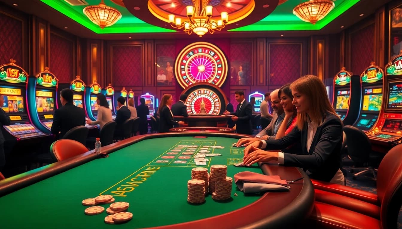Immersive gaming experience at https://sclub88.app/ showcasing poker action, vibrant slots, and casino excitement.
