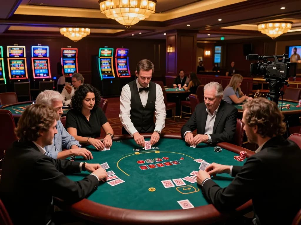 Players engaging in intense poker gameplay at danhlodeonline casino with luxurious ambiance and strategic moments.