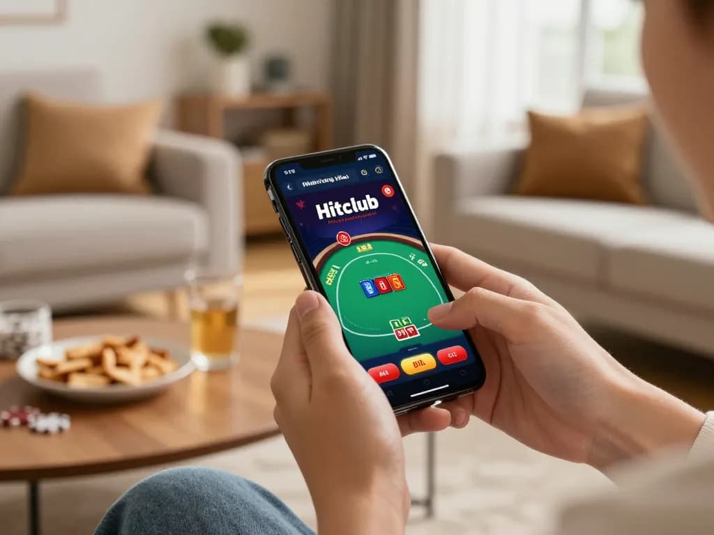 Tải HITCLUB on a smartphone while enjoying a cozy home environment with snacks.