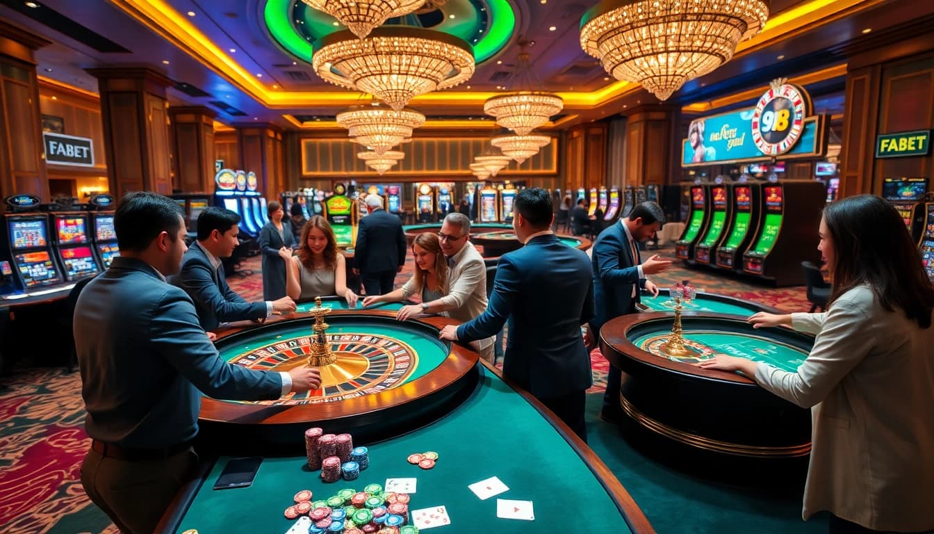 Experience the thrill of gambling at FABET with vibrant casino scenes and engaging players.