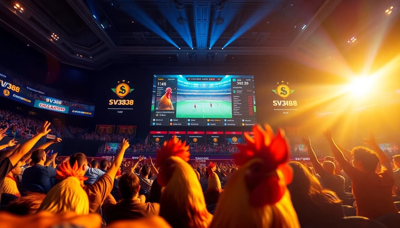 SV368 live cockfighting match with vibrant crowds and dynamic betting options, capturing the excitement of sv368win.live.
