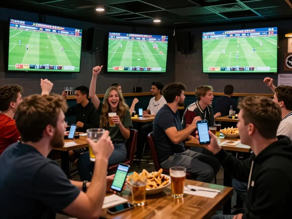 Football fans placing bets while enjoying live matches in a vibrant sports bar atmosphere