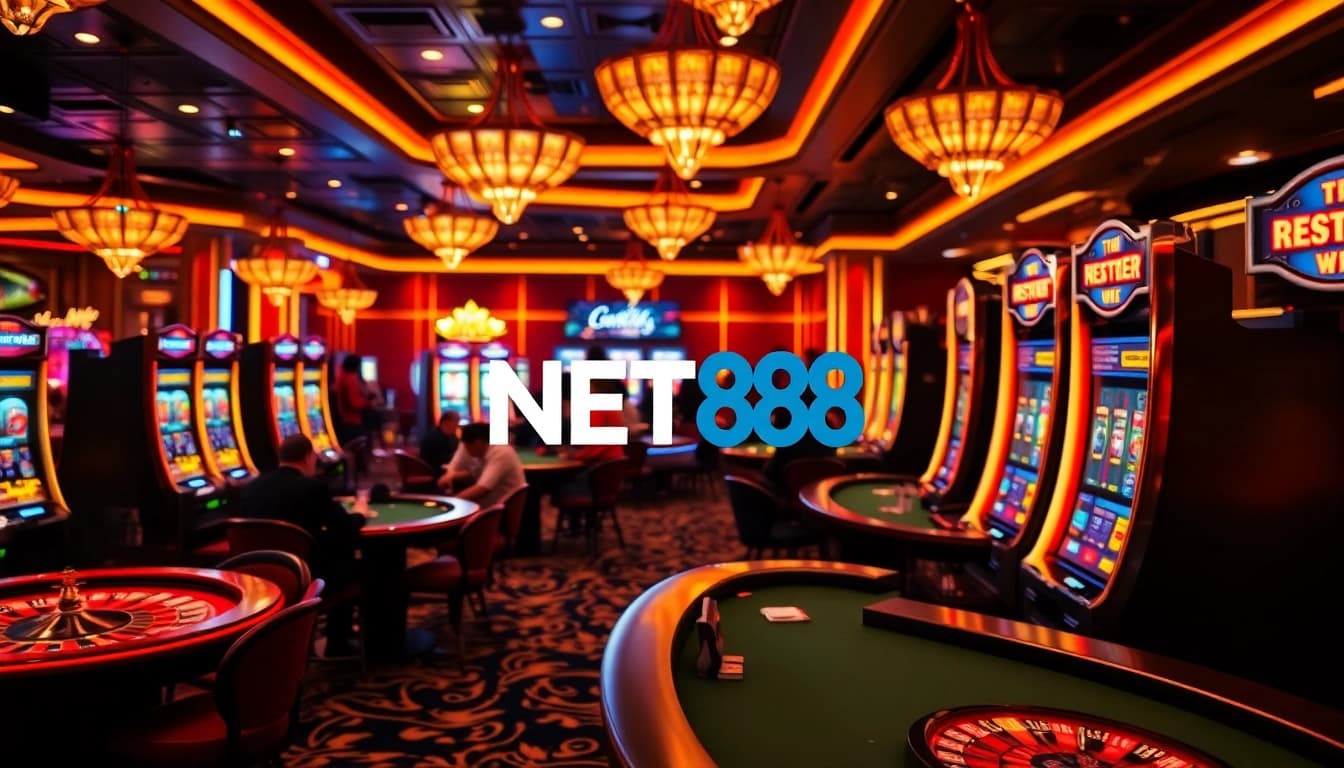 Players enjoying NET88-themed casino games amidst vibrant, luxurious surroundings.