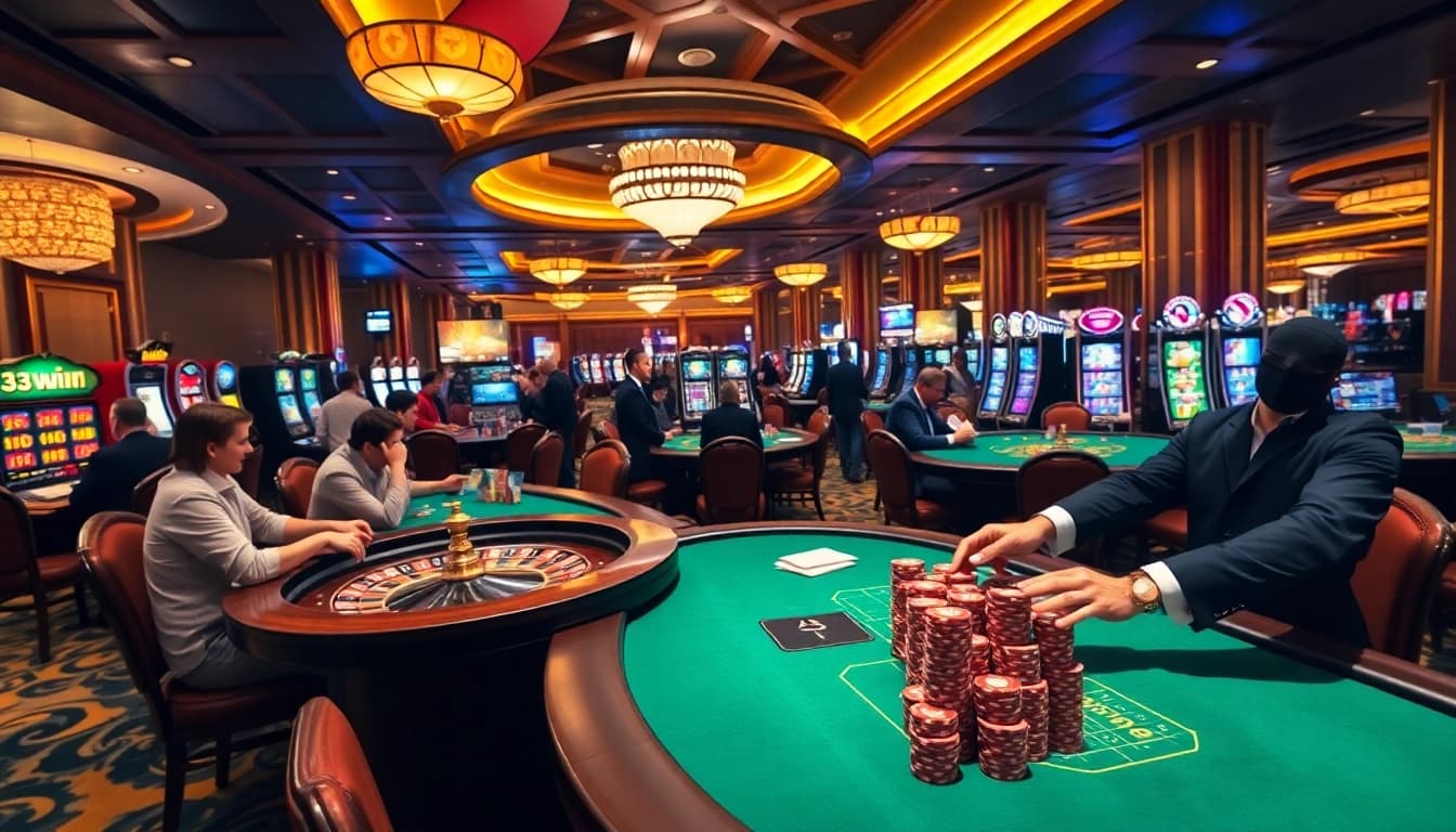 Exciting casino scene depicting players at a poker table with 33WIN branding.