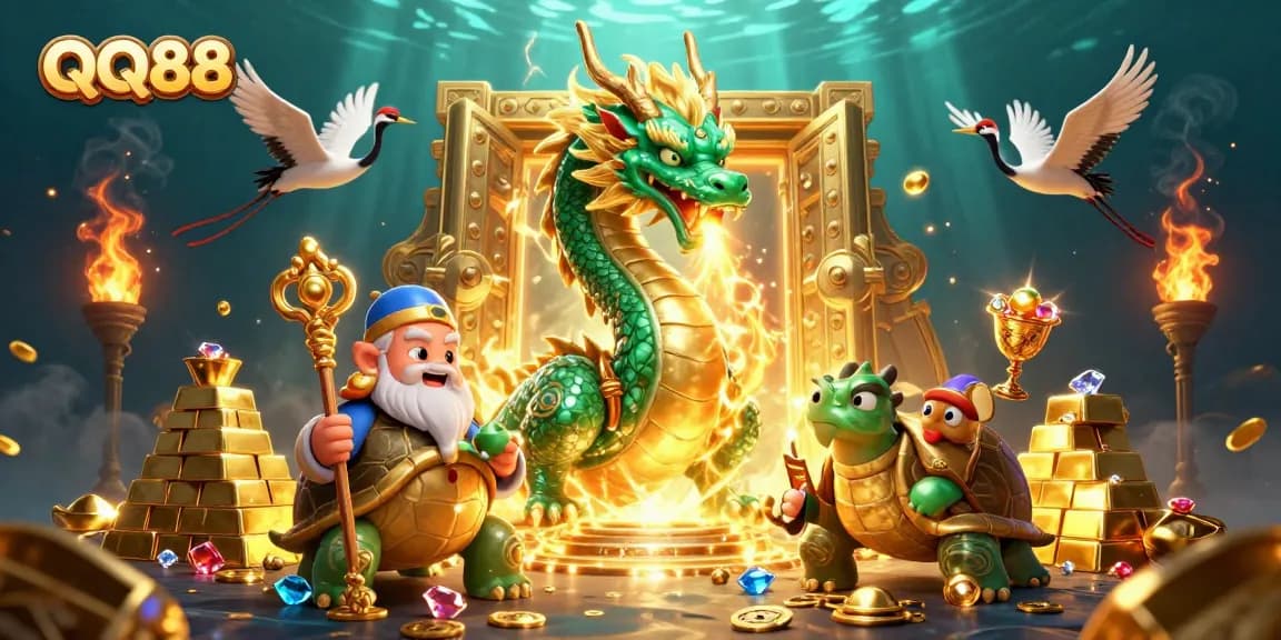 Engage in thrilling QQ88 casino adventures with a jade dragon, turtle sage, and lucky cranes.