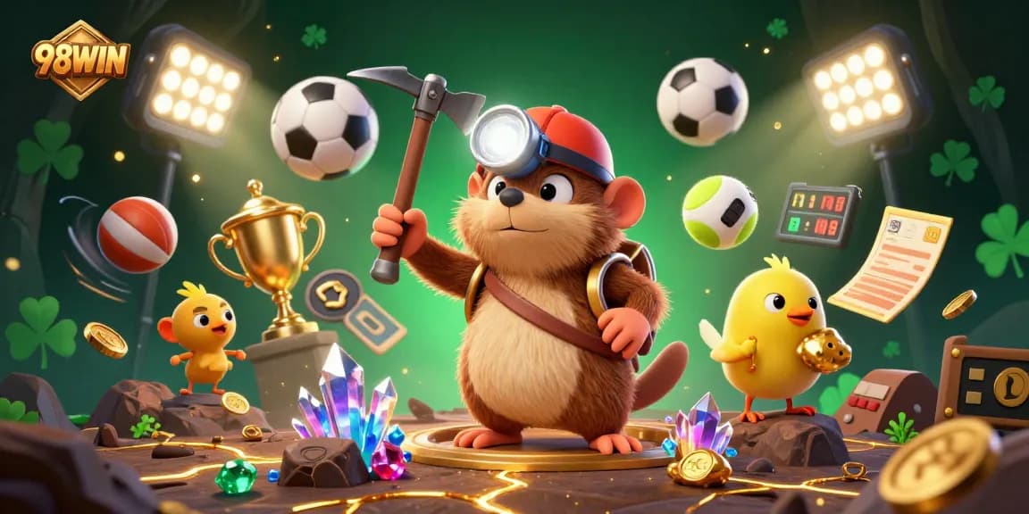 Discover thrilling gaming adventures at 98WIN with cartoon treasure hunter and other energetic game elements.