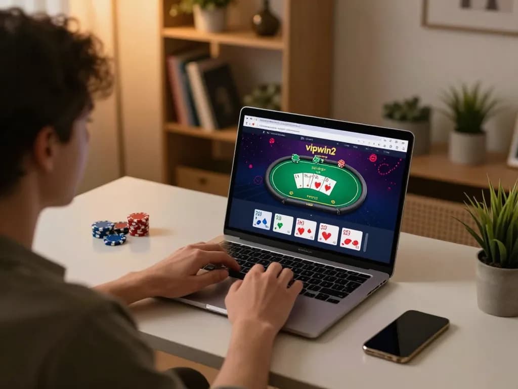 Player engaging with vipwin2 online casino on a laptop in a cozy home setup, showcasing strategic gaming.