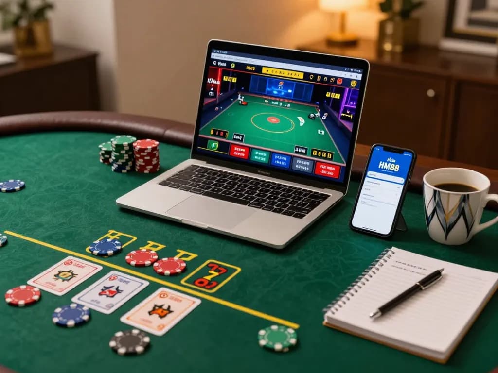 Engaging moment with nhà cái HM88 online gaming setup showing live dealer blackjack on laptop